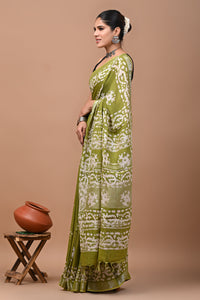 Block Printed Cotton linen Saree With Unstiched Blouse