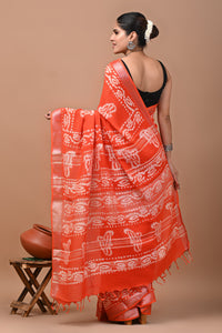 Block Printed Cotton linen Saree With Unstiched Blouse