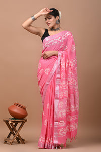 Block Printed Cotton linen Saree With Unstiched Blouse