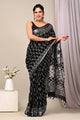 Hand Block Printed Linen Saree With Unstitched Blouse