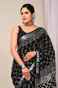 Hand Block Printed Linen Saree With Unstitched Blouse