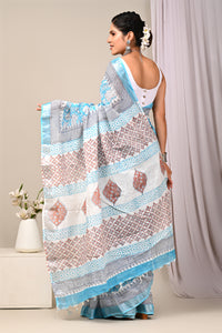 Hand Block Printed Linen Saree With Unstitched Blouse