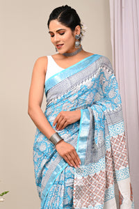 Hand Block Printed Linen Saree With Unstitched Blouse