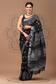 Black & White Block Printed Cotton Linen Saree With Unstitched Blouse