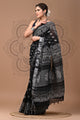 Black & White Block Printed Cotton Linen Saree With Unstitched Blouse