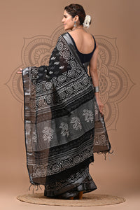 Black & White Block Printed Cotton Linen Saree With Unstitched Blouse