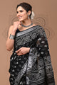 Black & White Block Printed Cotton Linen Saree With Unstitched Blouse