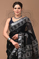 Black & White Block Printed Cotton Linen Saree With Unstitched Blouse