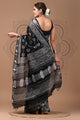 Black & White Block Printed Cotton Linen Saree With Unstitched Blouse