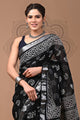 Black & White Block Printed Cotton Linen Saree With Unstitched Blouse