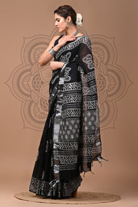 Black & White Block Printed Cotton Linen Saree With Unstitched Blouse