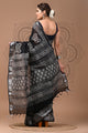 Black & White Block Printed Cotton Linen Saree With Unstitched Blouse