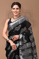 Black & White Block Printed Cotton Linen Saree With Unstitched Blouse