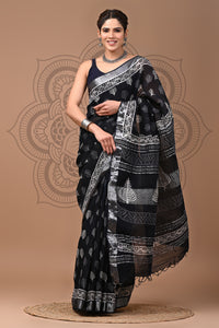 Black & White Block Printed Cotton Linen Saree With Unstitched Blouse