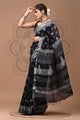 Black & White Block Printed Cotton Linen Saree With Unstitched Blouse