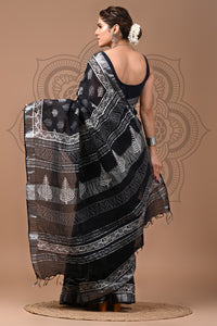 Black & White Block Printed Cotton Linen Saree With Unstitched Blouse