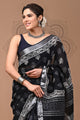 Black & White Block Printed Cotton Linen Saree With Unstitched Blouse