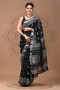 Black & White Block Printed Cotton Linen Saree With Unstitched Blouse