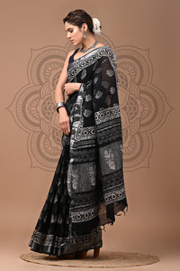 Black & White Block Printed Cotton Linen Saree With Unstitched Blouse