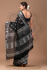 Black & White Block Printed Cotton Linen Saree With Unstitched Blouse