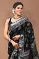 Black & White Block Printed Cotton Linen Saree With Unstitched Blouse