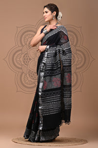 Black & White Block Printed Cotton Linen Saree With Unstitched Blouse