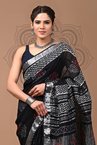 Black & White Block Printed Cotton Linen Saree With Unstitched Blouse