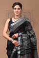 Black & White Block Printed Cotton Linen Saree With Unstitched Blouse