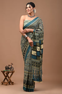 Printed Pure Cotton Mulmul Saree With Blouse