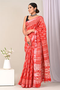 Hand Block Printed Linen Saree With Unstitched Blouse