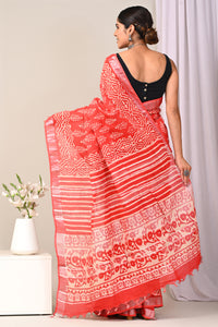 Hand Block Printed Linen Saree With Unstitched Blouse