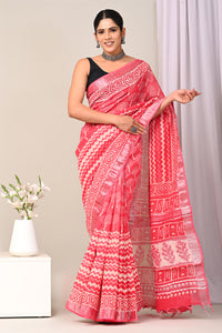 Hand Block Printed Linen Saree With Unstitched Blouse