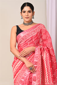 Hand Block Printed Linen Saree With Unstitched Blouse