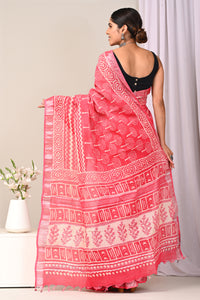 Hand Block Printed Linen Saree With Unstitched Blouse