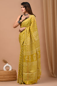 Traditional Indian Block Printed Assam Silk Saree With Blouse