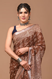 Block Printed Cotton linen Saree With Unstiched Blouse