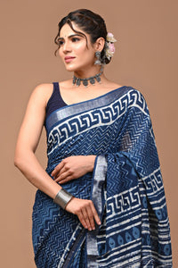 Block Printed Cotton linen Saree With Unstiched Blouse