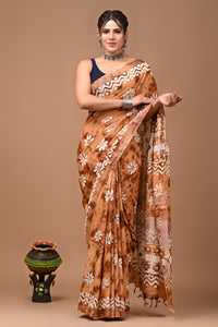 Block Printed Cotton linen Saree With Unstiched Blouse