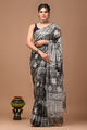 Block Printed Cotton linen Saree With Unstiched Blouse