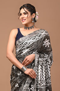 Block Printed Cotton linen Saree With Unstiched Blouse