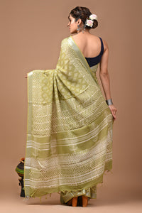 Block Printed Cotton linen Saree With Unstiched Blouse