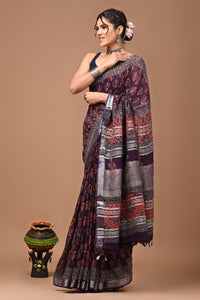 Block Printed Cotton linen Saree With Unstiched Blouse