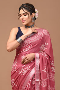 Block Printed Cotton linen Saree With Unstiched Blouse