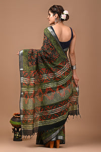 Block Printed Cotton linen Saree With Unstiched Blouse