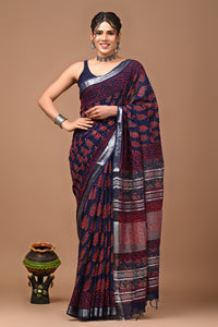 Block Printed Cotton linen Saree With Unstiched Blouse