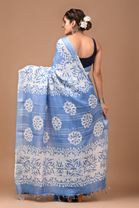 Block Printed Cotton linen Saree With Unstiched Blouse