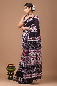 Block Printed Cotton linen Saree With Unstiched Blouse