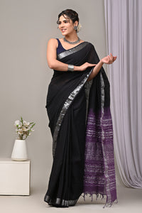 Hand Block Printed Linen Saree With Unstitched Blouse