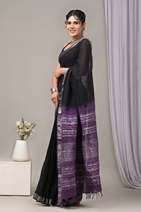 Hand Block Printed Linen Saree With Unstitched Blouse