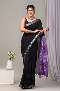 Hand Block Printed Linen Saree With Unstitched Blouse